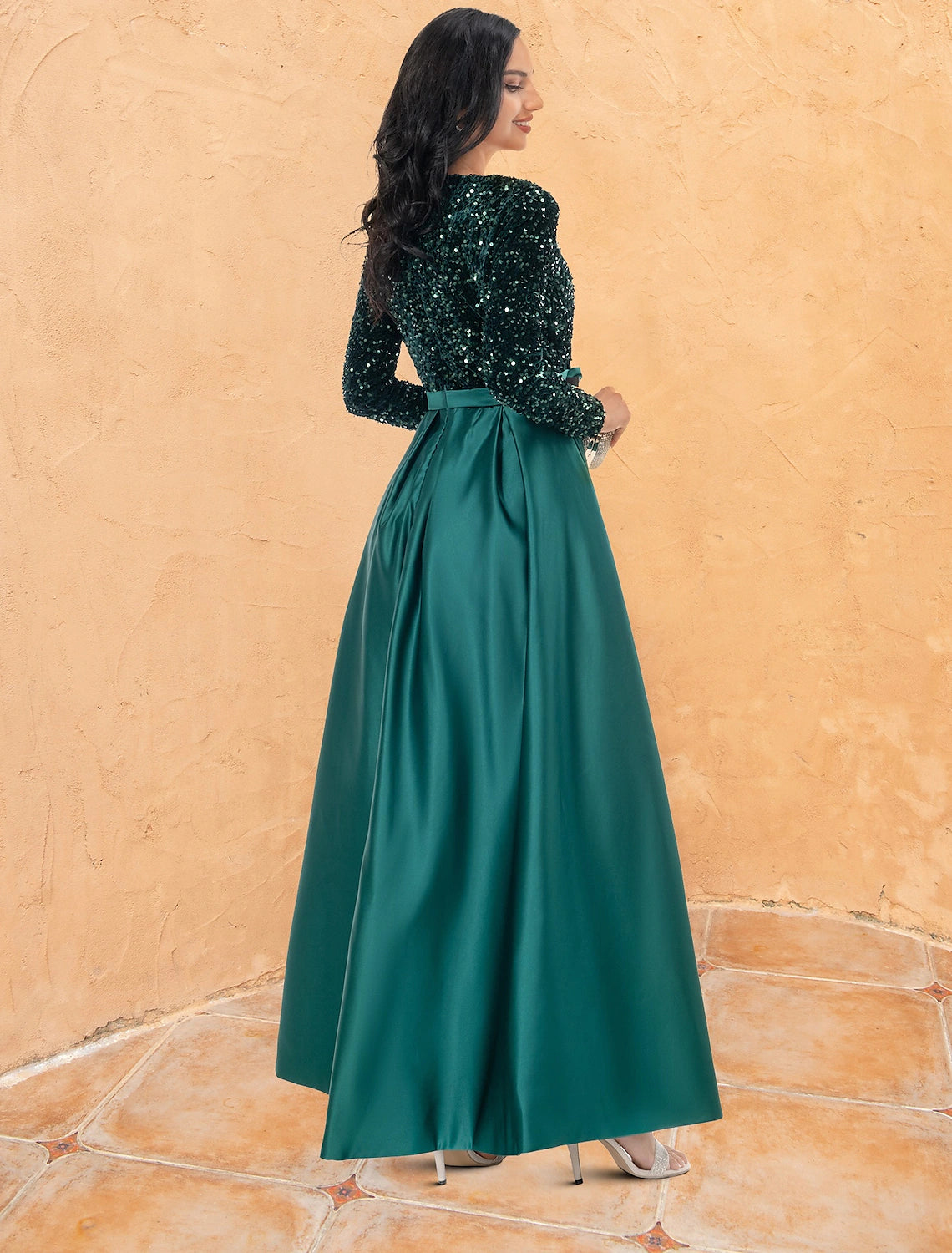 Ballkleid Cocktailkleider Sparkle & Shine Kleid Hochzeit Party Bodenlang Langarm V-Ausschnitt Pailletten mit Pailletten